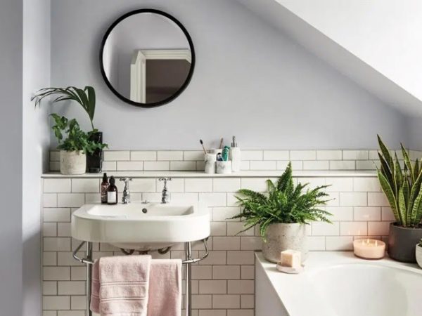 small bathroom with small bathtub, mirror, sink and plants